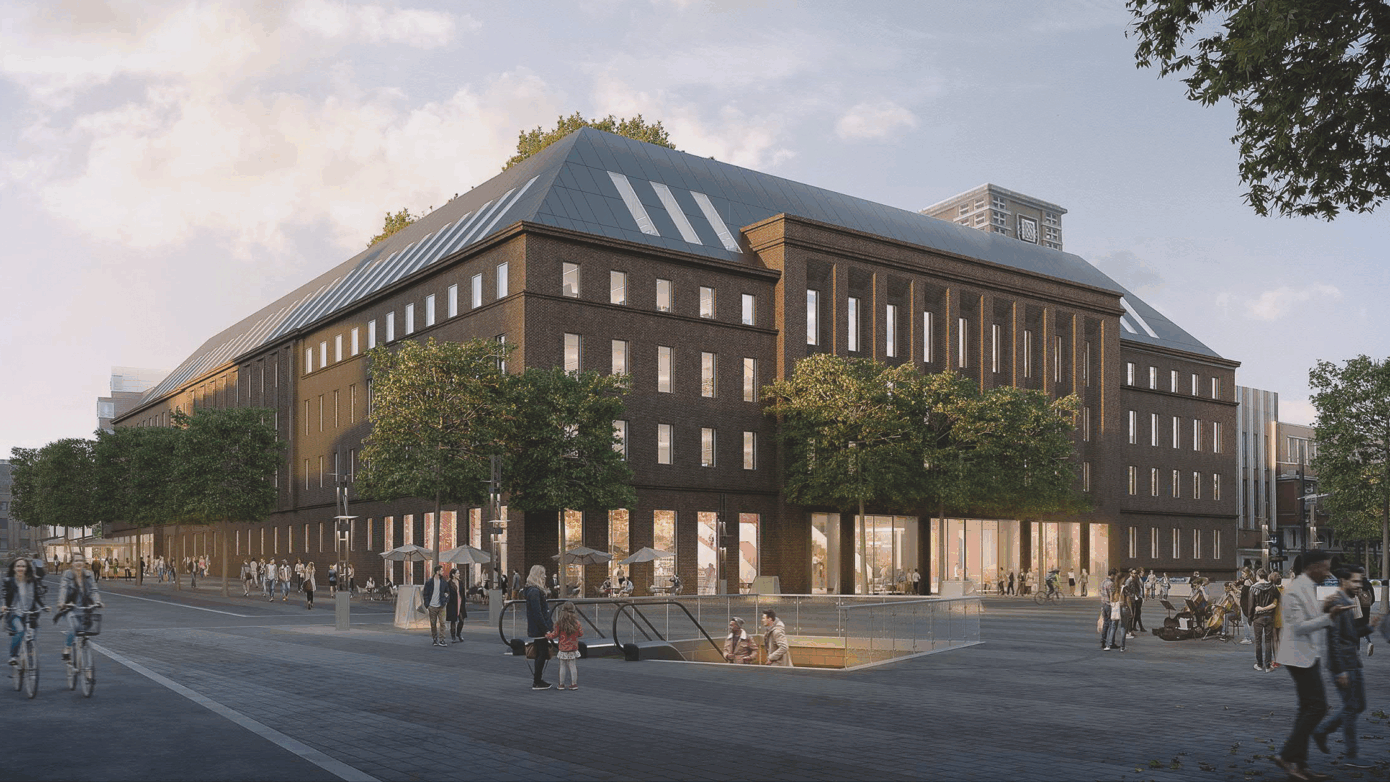 Moderne Architektur eines Gebäudes mit begrünten Außenbereichen und lebhaftem Stadtleben.