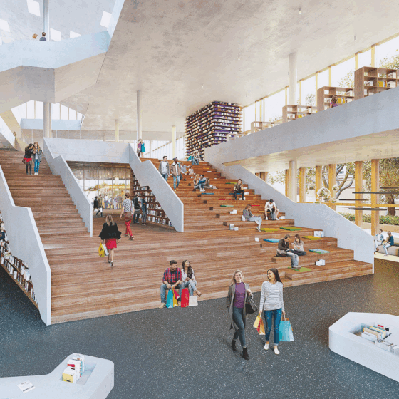 Moderne Bibliothek mit offenen Räumen, Holztreppen und Lesebereichen für Besucher.