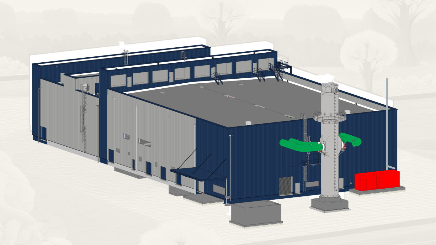 BHKW mit grünen Rutschen und innovativer Architektur im Außenbereich.