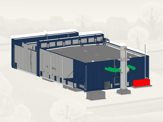 BHKW mit grünen Rutschen und innovativer Architektur im Außenbereich.