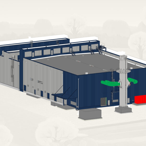 BHKW mit grünen Rutschen und innovativer Architektur im Außenbereich.