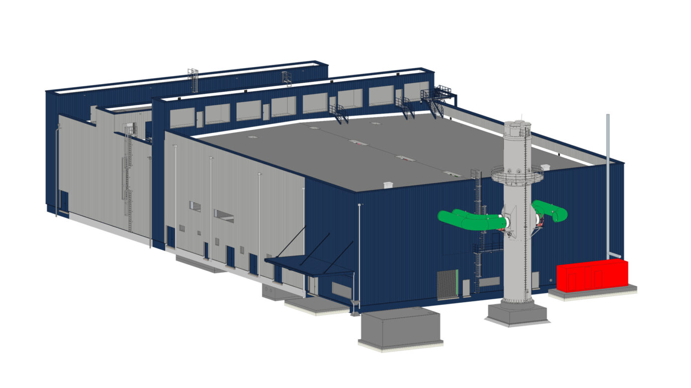 BHKW mit grünen Rohren und rotem Container im Vordergrund.