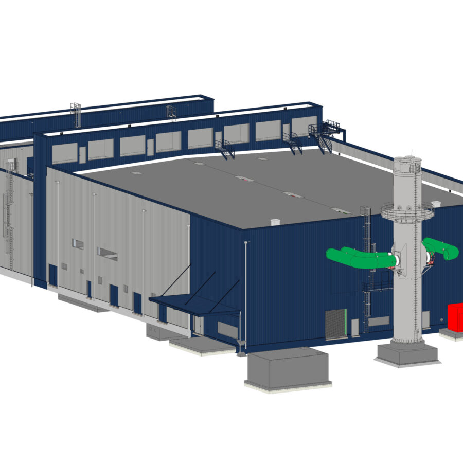 BHKW mit grünen Rohren und rotem Container im Vordergrund.