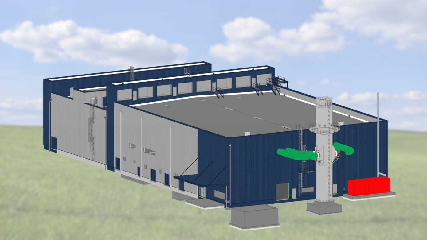 Visualisierung BHKW in Potsdam mit grünen Rohren und rotem Container in ländlicher Umgebung.