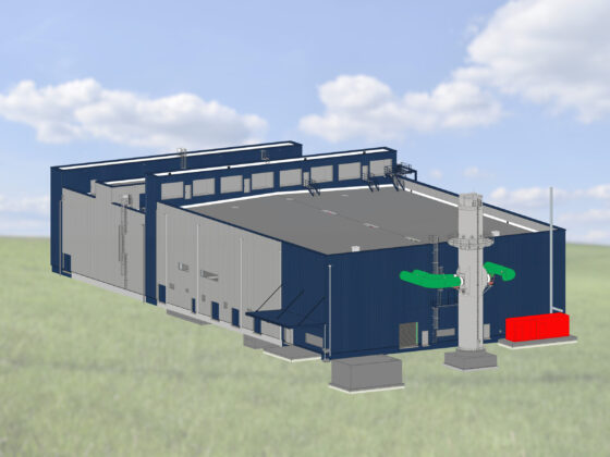 Visualisierung BHKW in Potsdam mit grünen Rohren und rotem Container in ländlicher Umgebung.
