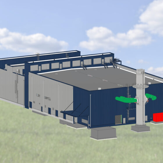Visualisierung BHKW mit grünen Rohren und rotem Container in ländlicher Umgebung.