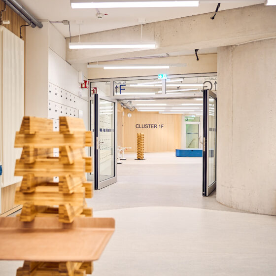Moderne Innenarchitektur eines offenen Raums mit Holzdetails und hellem Licht.
