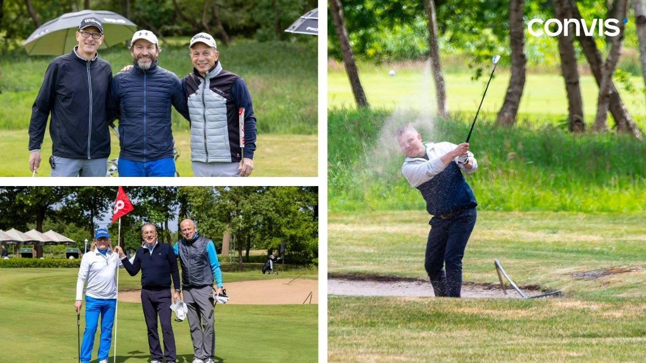 Golfturnier mit Teilnehmern und Actionaufnahmen auf dem Golfplatz. Spaß und Wettbewerb vereint.