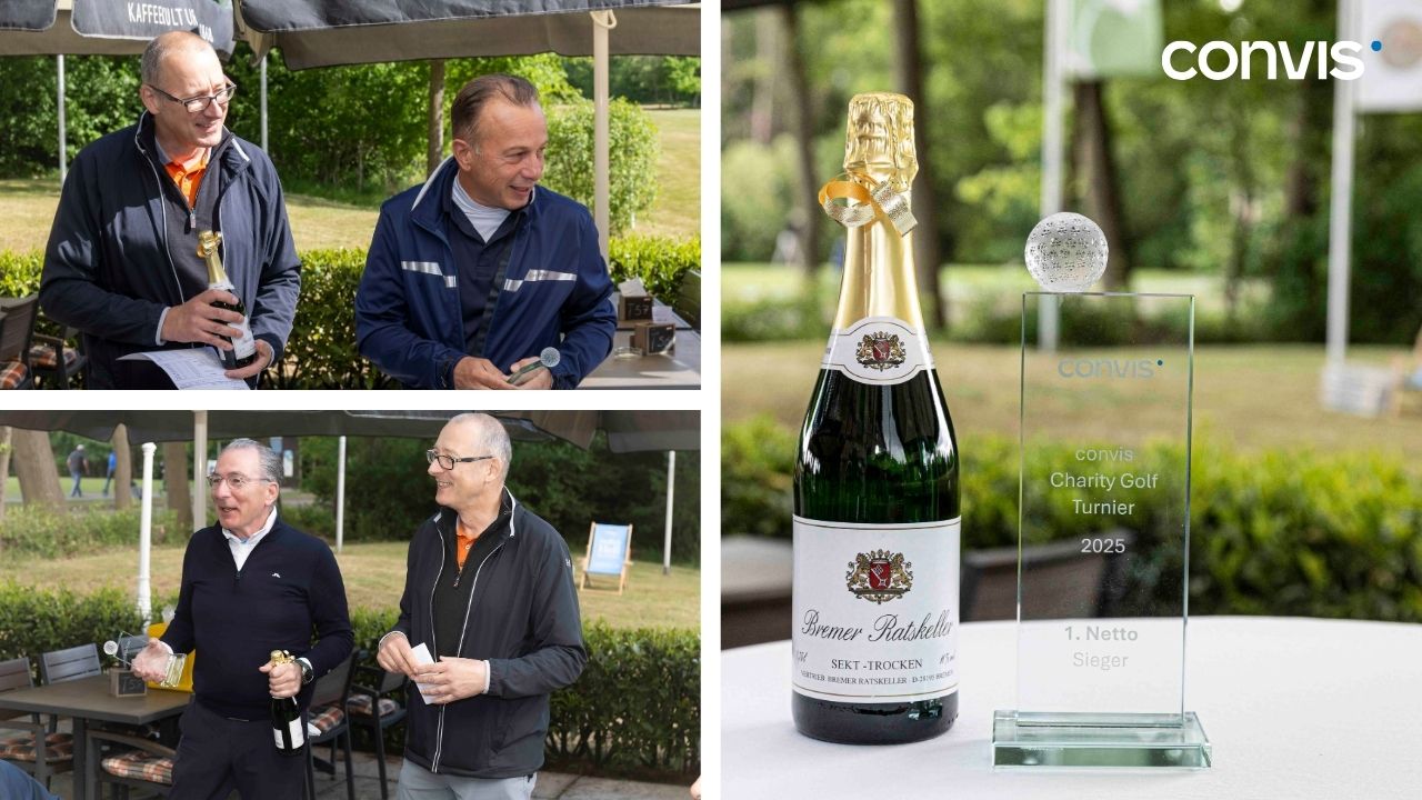 Sieger des Convis Charity Golf Turniers 2025 mit Pokal und Champagner.