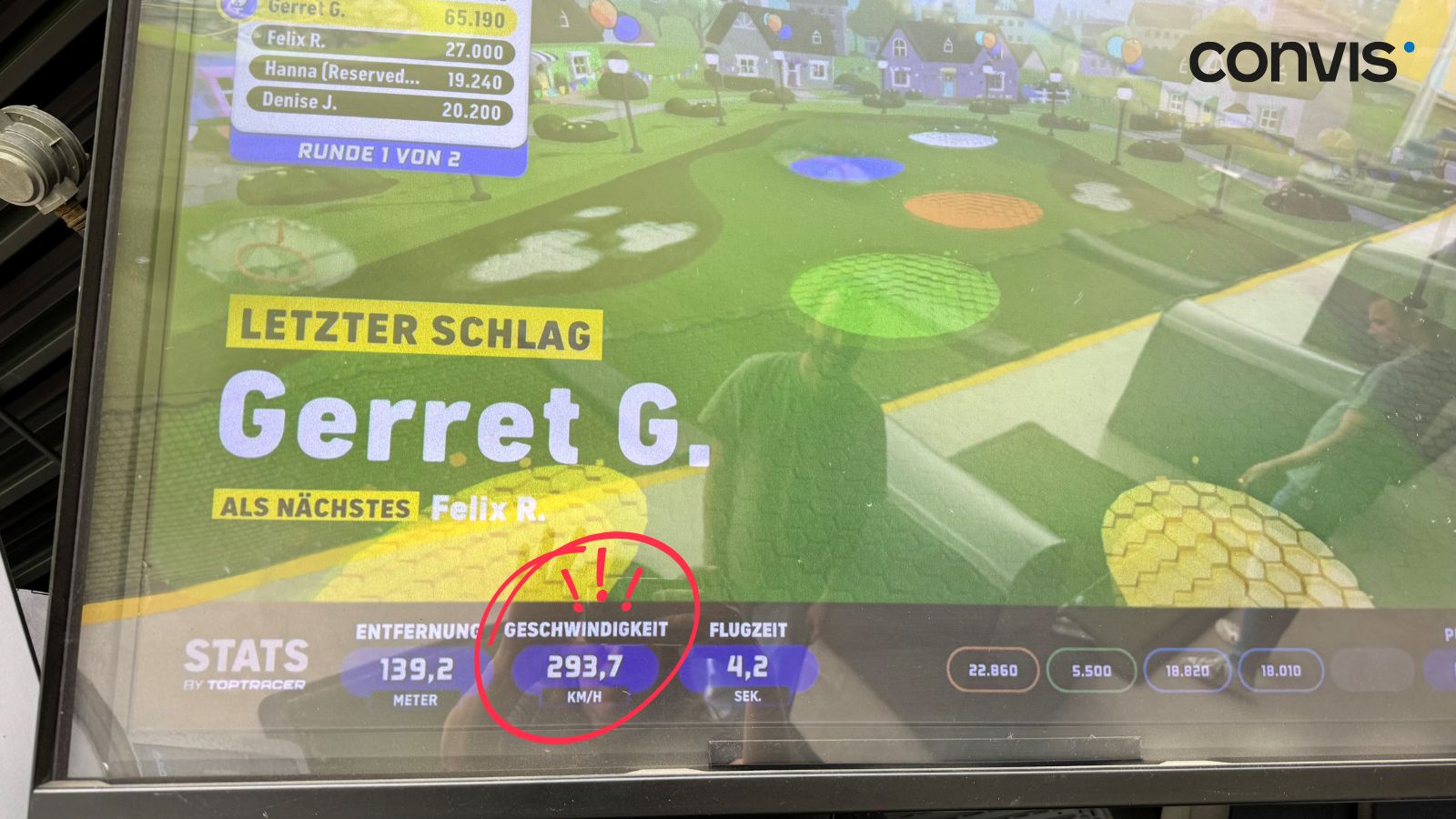 Statistiken eines Golfspiels: Entfernung 139,2 Meter, Geschwindigkeit 293,7 km/h, Flugzeit 4,2 Sekunden