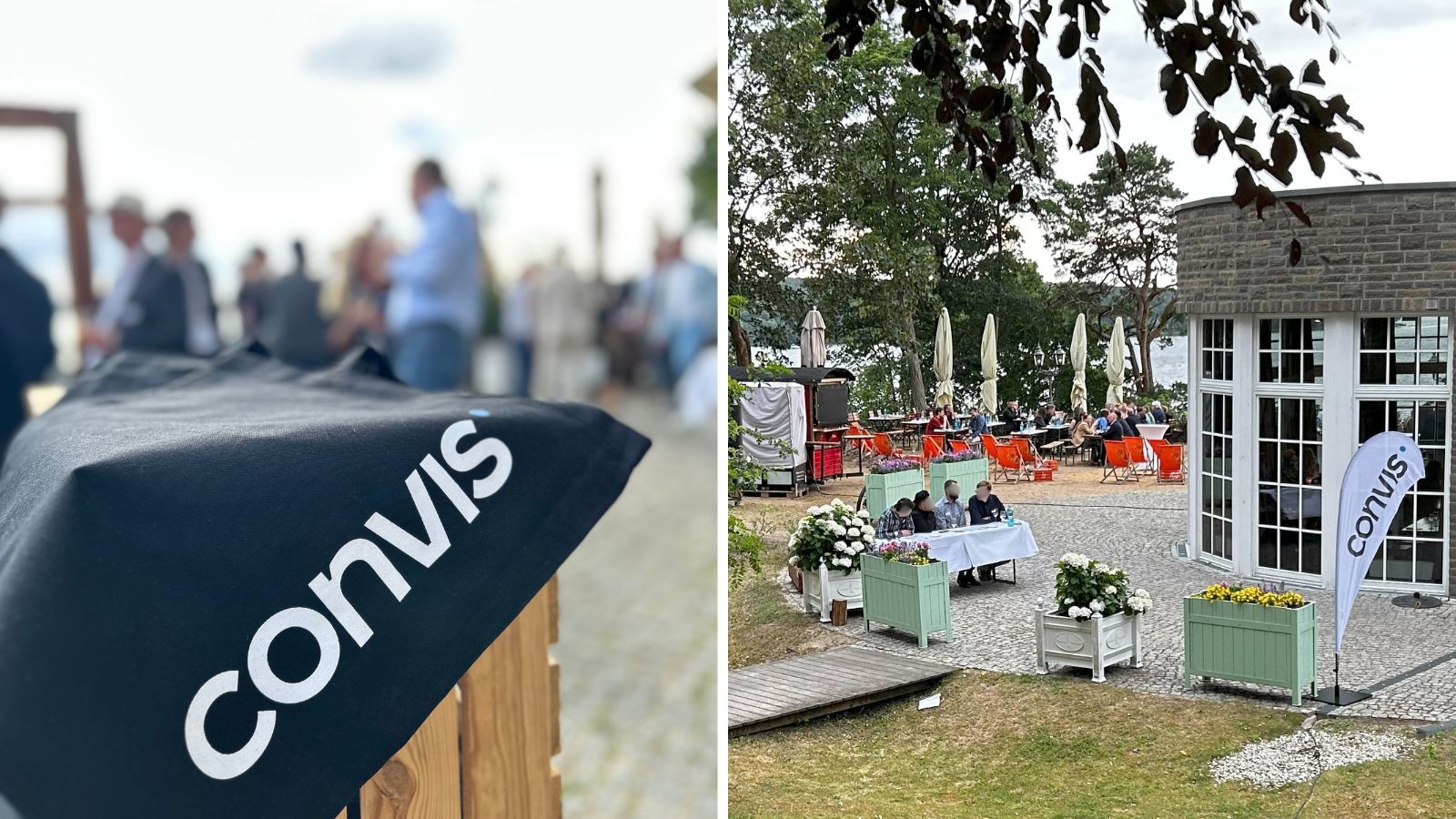 Networking-Event im Freien mit Convis-Branding und gemütlicher Atmosphäre.