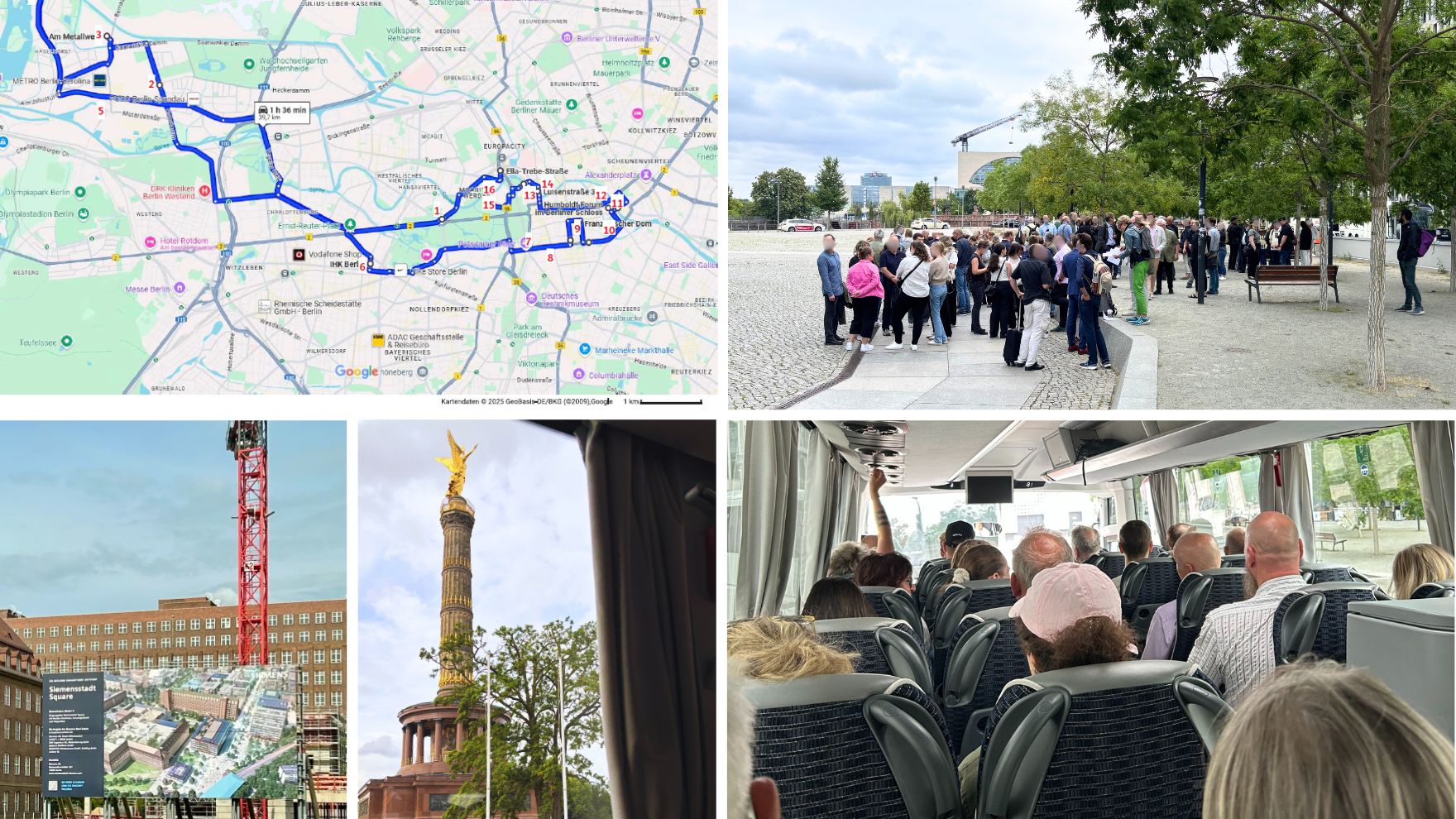 Stadtkarte mit Route, Menschenmenge, Sehenswürdigkeiten und Busfahrt durch die Stadt.