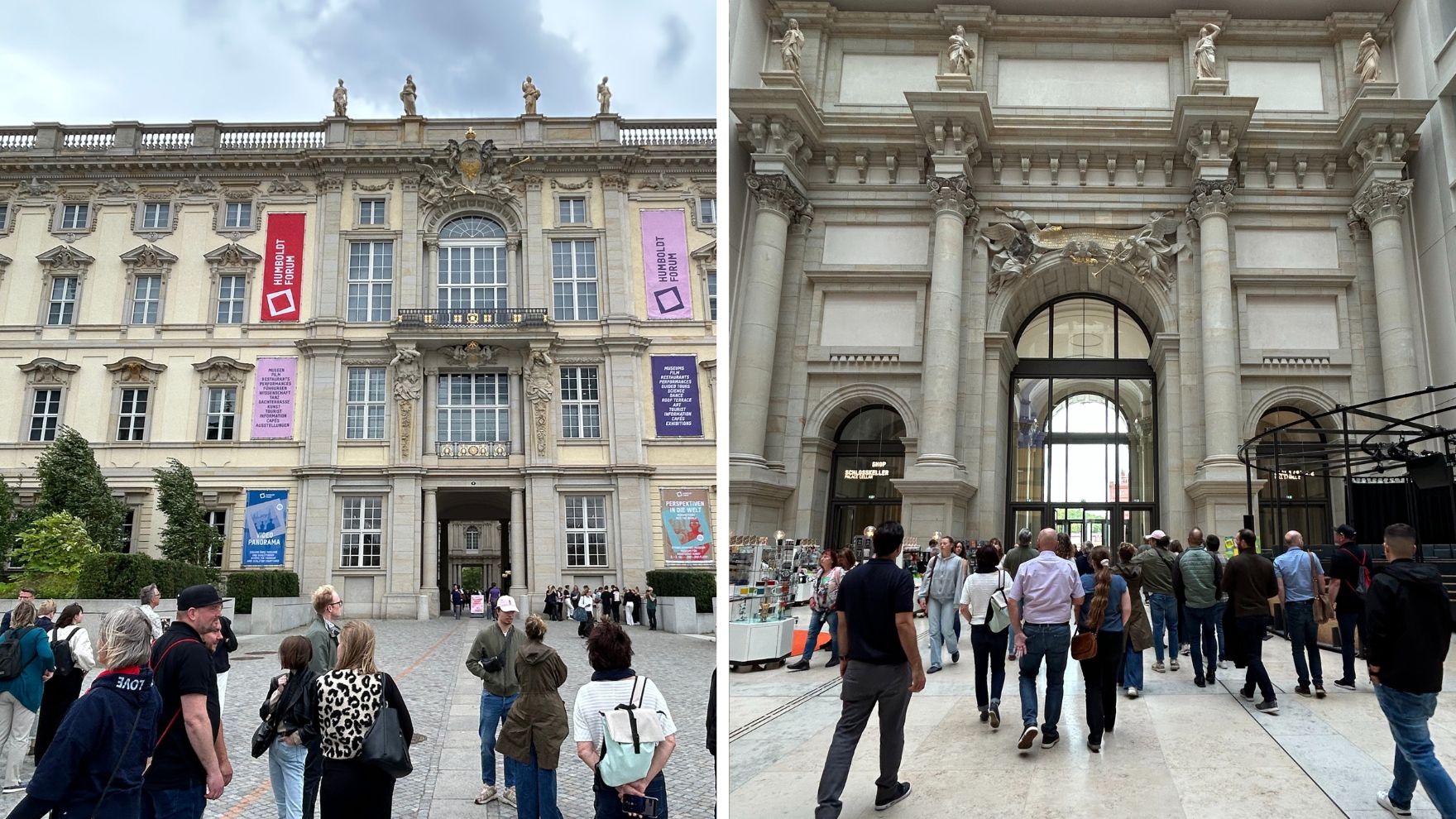 Historisches Gebäude mit Besuchern, Ausstellungen und beeindruckender Architektur im Innenhof.