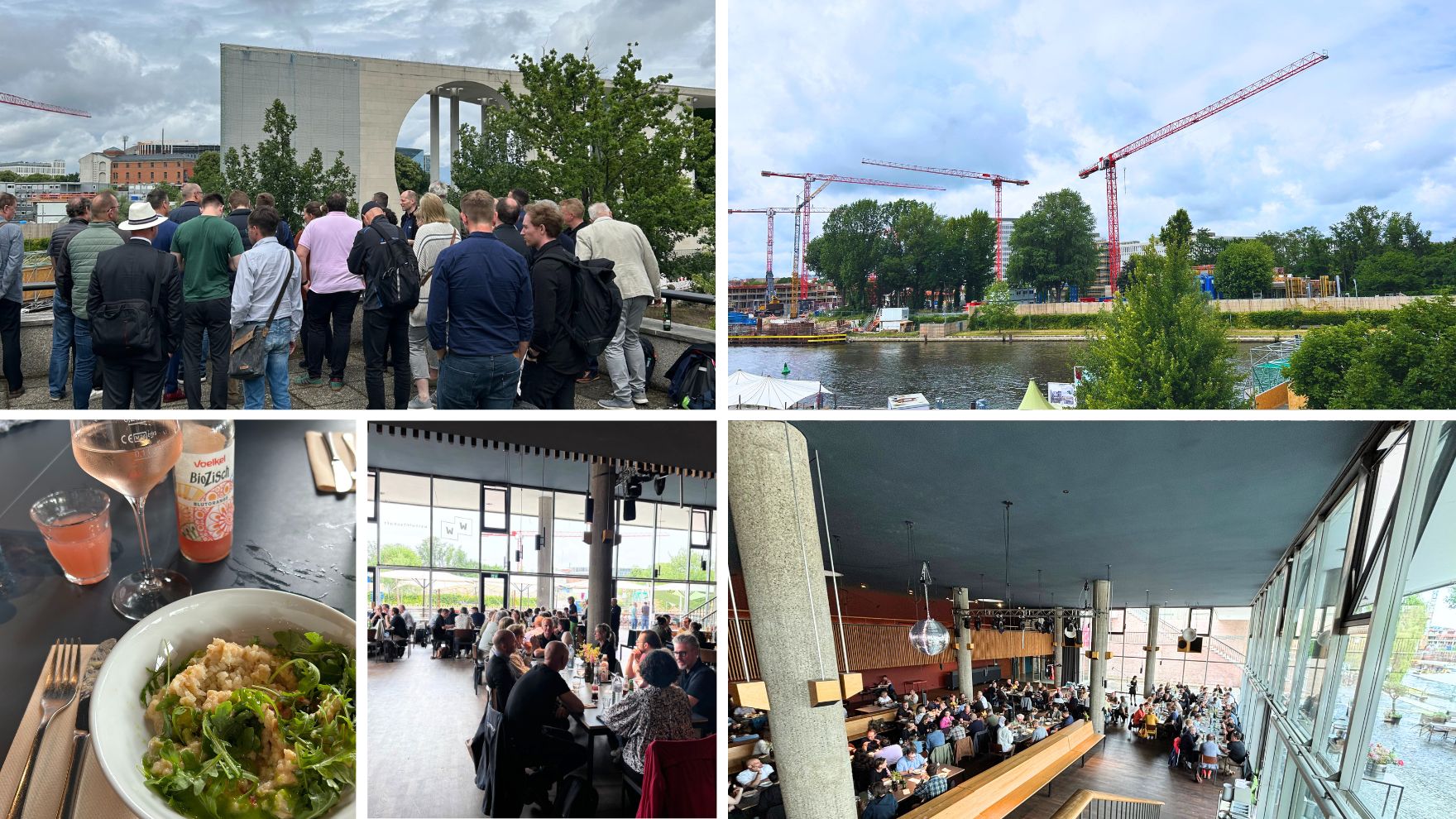 Gruppenbesprechung in Berlin, Bauarbeiten, Essen und geselliges Beisammensein in modernem Restaurant.