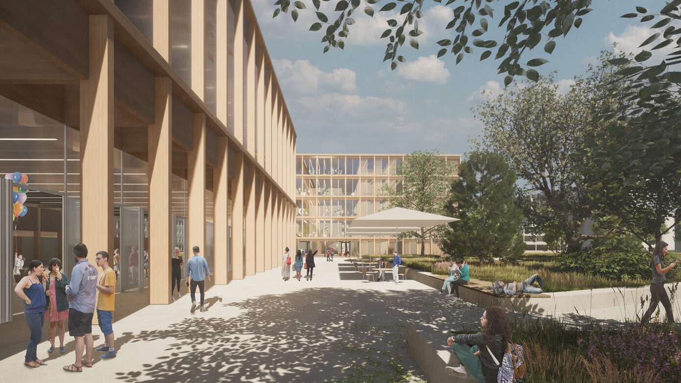 Visualisierung Schule mit moderner Architektur mit Menschen im Freien, begrünten Flächen und Holzfassaden.