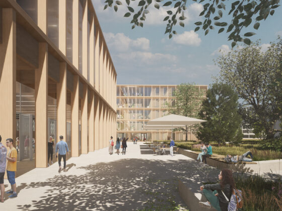 Visualisierung Schule mit moderner Architektur mit Menschen im Freien, begrünten Flächen und Holzfassaden.