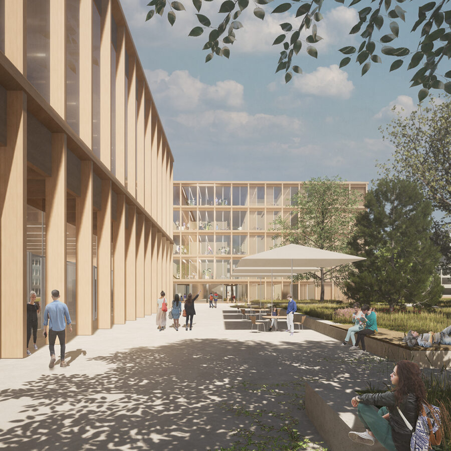Visualisierung Schule mit moderner Architektur mit Menschen im Freien, begrünten Flächen und Holzfassaden.