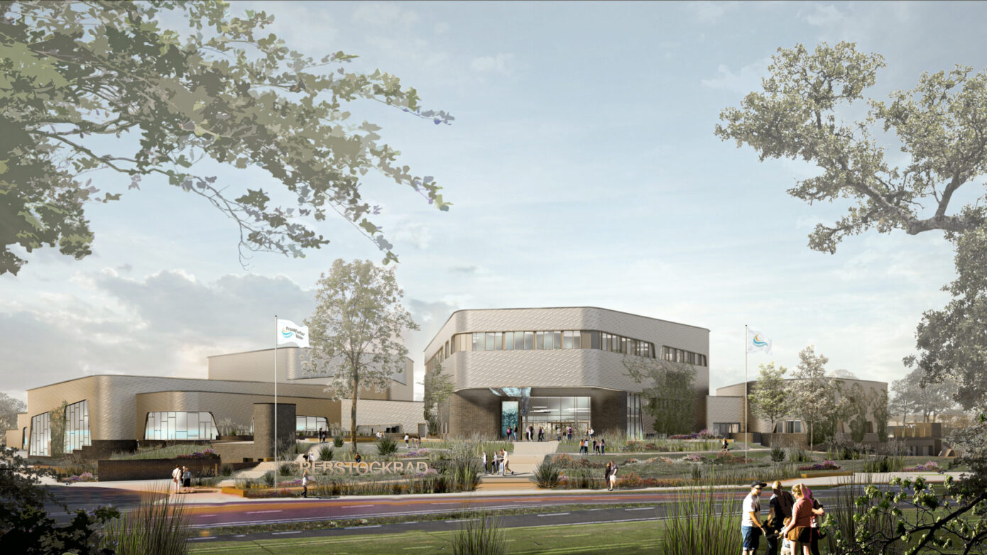 Visualisierung des Rebstockbads mit Grünflächen und Besuchern.