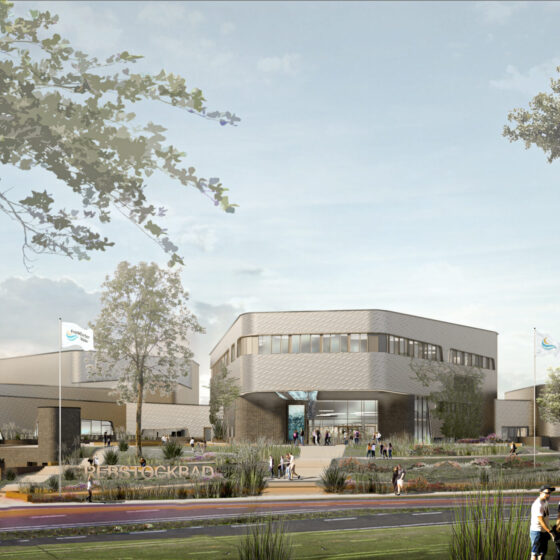 Visualisierung des Rebstockbads mit Grünflächen und Besuchern.