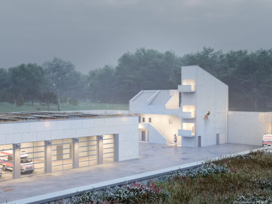 Visualisierung des Gefahrenabwehrzentrums mit Fahrzeughalle und Schulungsbereich in einer grünen Umgebung.