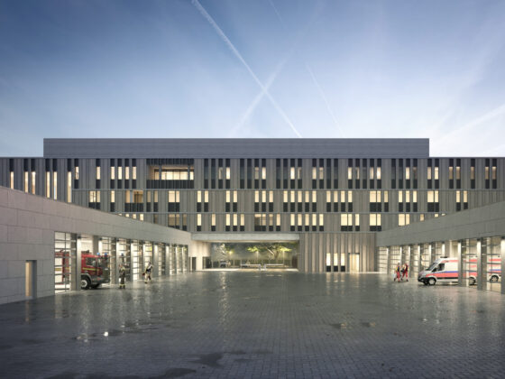 Visualisierung des Gefahrenabwehrzentrums mit geräumigem Innenhof und zeitgemäßer Architektur bei Sonnenuntergang.