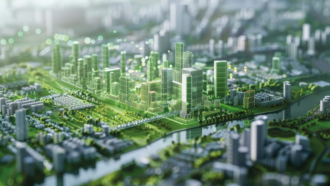 Moderne Stadtansicht mit futuristischen Gebäuden und grüner Landschaft. Urbanes Design und Architektur.