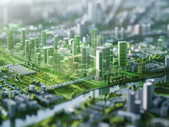 Moderne Stadtansicht mit futuristischen Gebäuden und grüner Landschaft. Urbanes Design und Architektur.