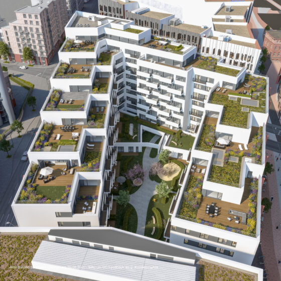 Moderne Wohnanlage mit begrünten Terrassen und Gemeinschaftsgarten in urbaner Umgebung.