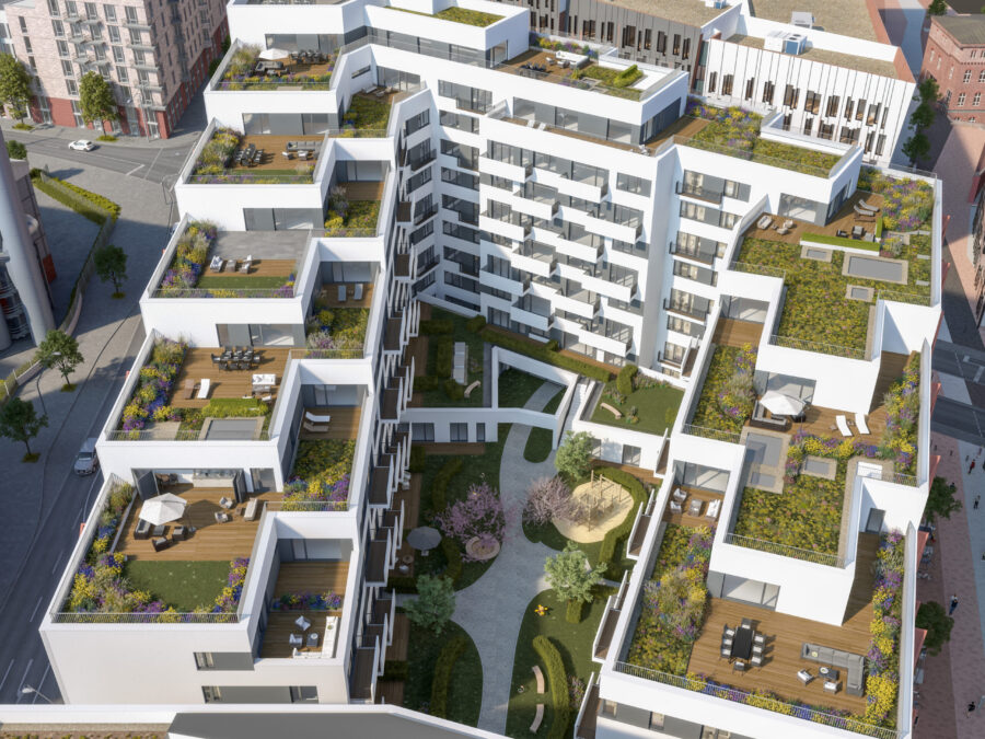 Moderne Wohnanlage mit begrünten Terrassen und Gemeinschaftsgarten in urbaner Umgebung.