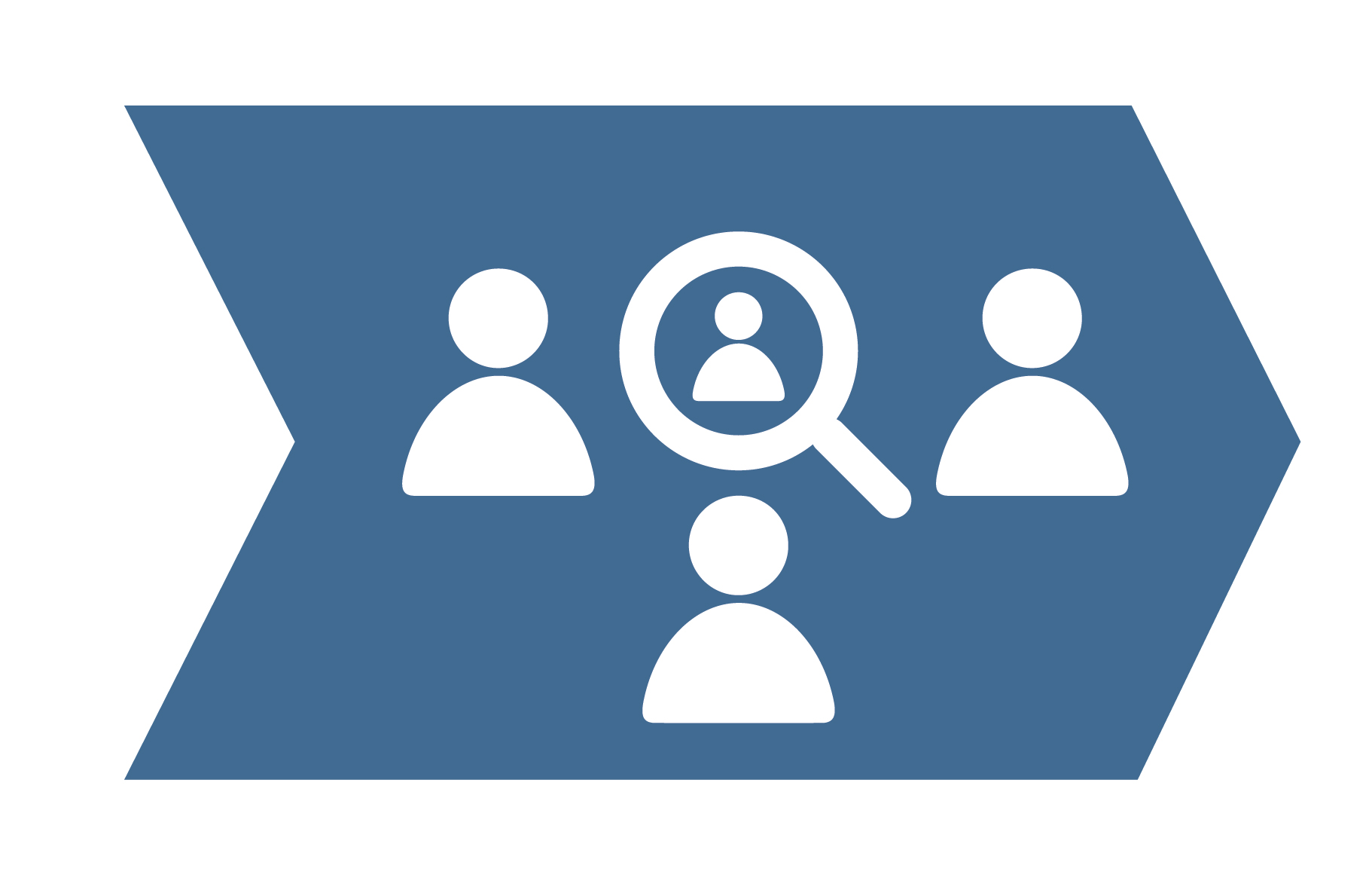 Symbol für Personensuche mit Silhouetten und Lupe auf blauem Hintergrund.