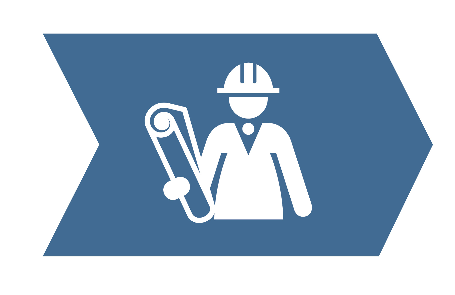 Symbol eines Bauarbeiters mit Helm und Plänen auf blauem Hintergrund.