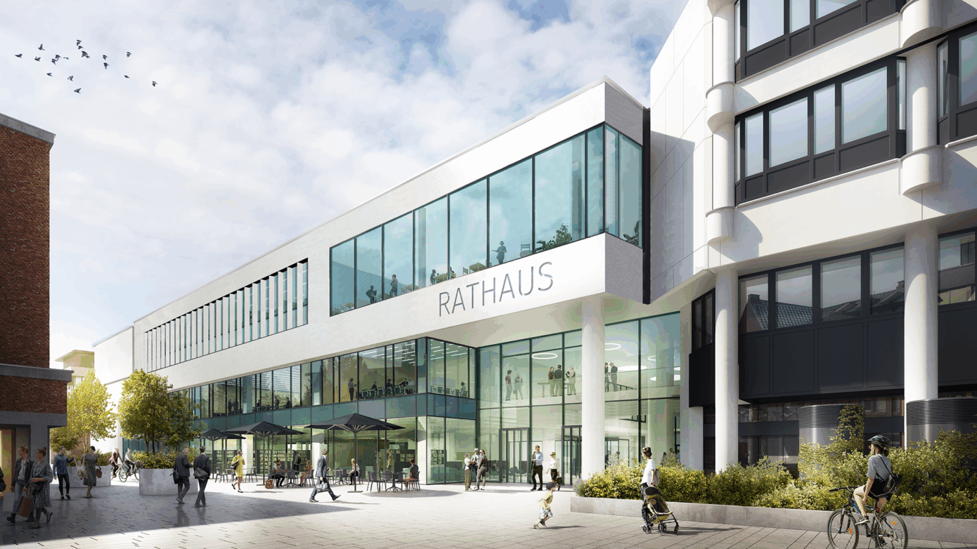 Visualisierung vom Rathaus Rheine mit Glasfassade und umgebenden Grünflächen in urbaner Umgebung.