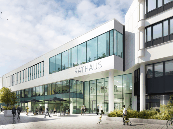 Visualisierung vom Rathaus Rheine mit Glasfassade und umgebenden Grünflächen in urbaner Umgebung.