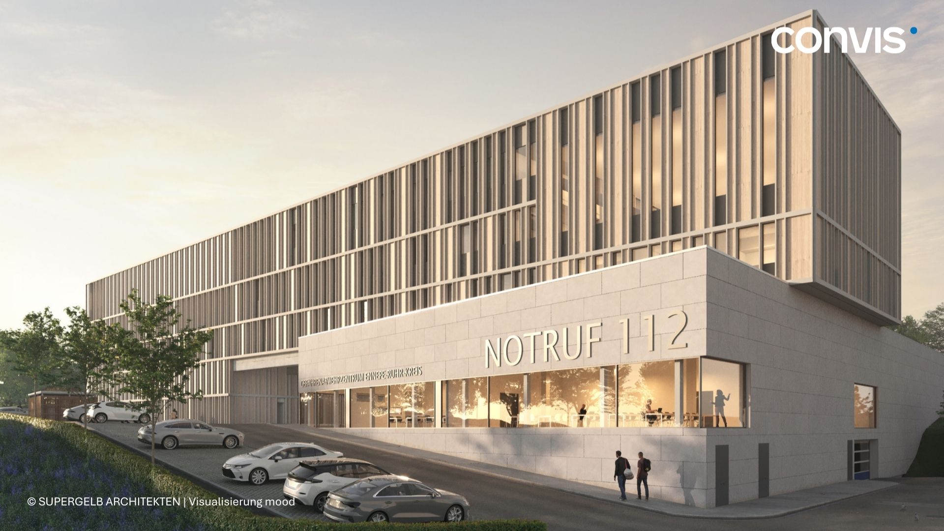 Moderne Notrufzentrale mit Glasfassade und ansprechender Architektur, Notruf 112.