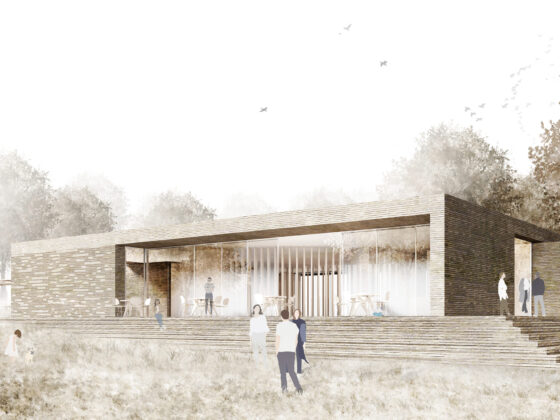 Moderne Architektur: Minimalistisches Gebäude in natürlicher Umgebung mit Menschen und Bäumen.