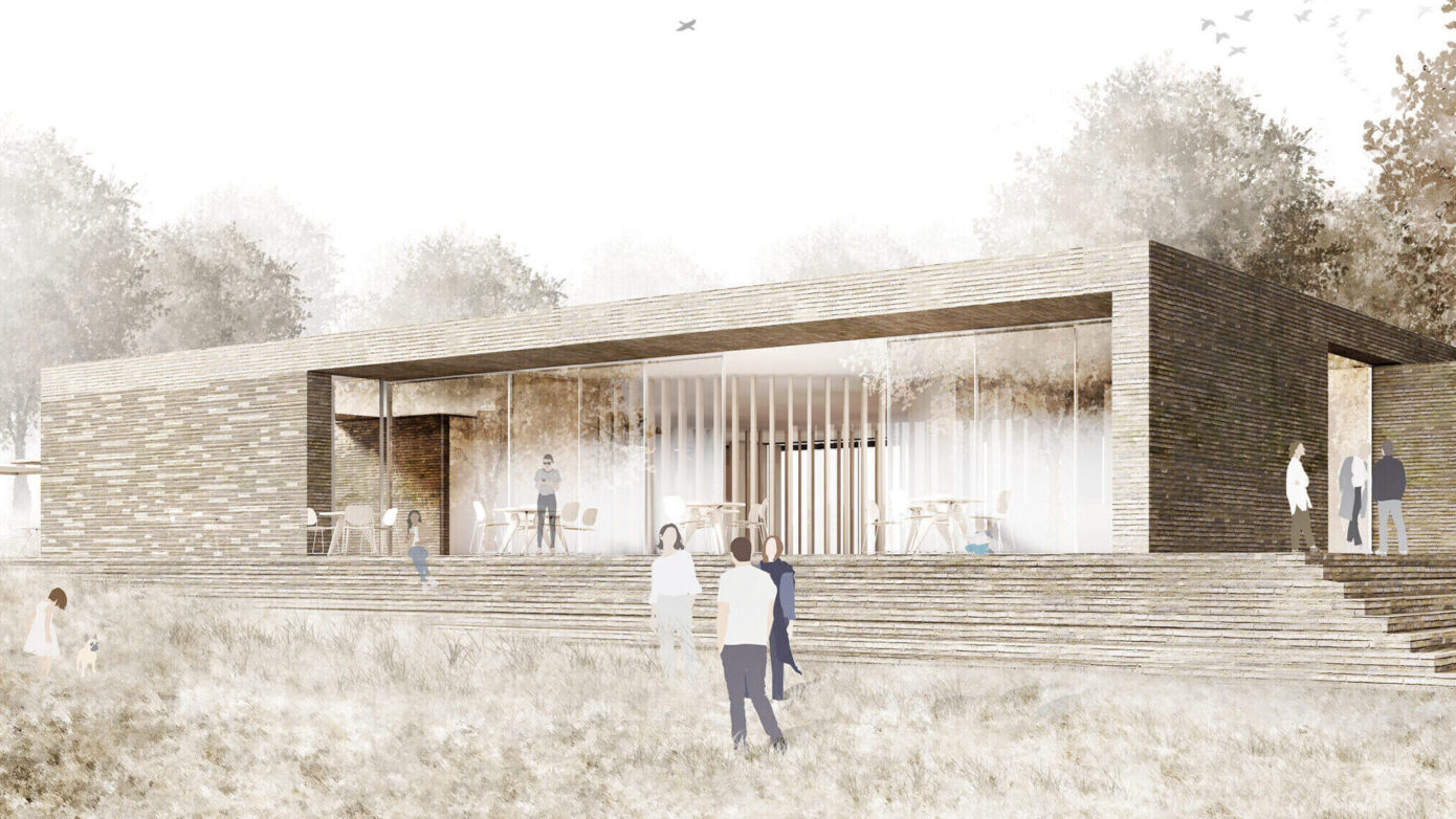 Moderne Architektur: Minimalistisches Gebäude in natürlicher Umgebung mit Menschen und Bäumen.