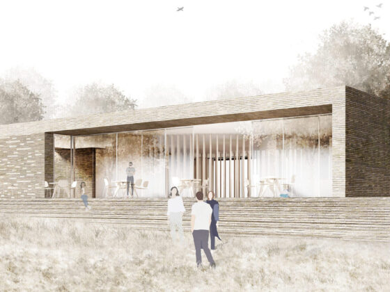 Moderne Architektur: Minimalistisches Gebäude in natürlicher Umgebung mit Menschen und Bäumen.