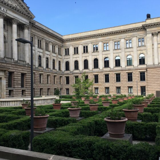 Grüner Innenhof mit Pflanzen und historischen Gebäuden im Hintergrund.