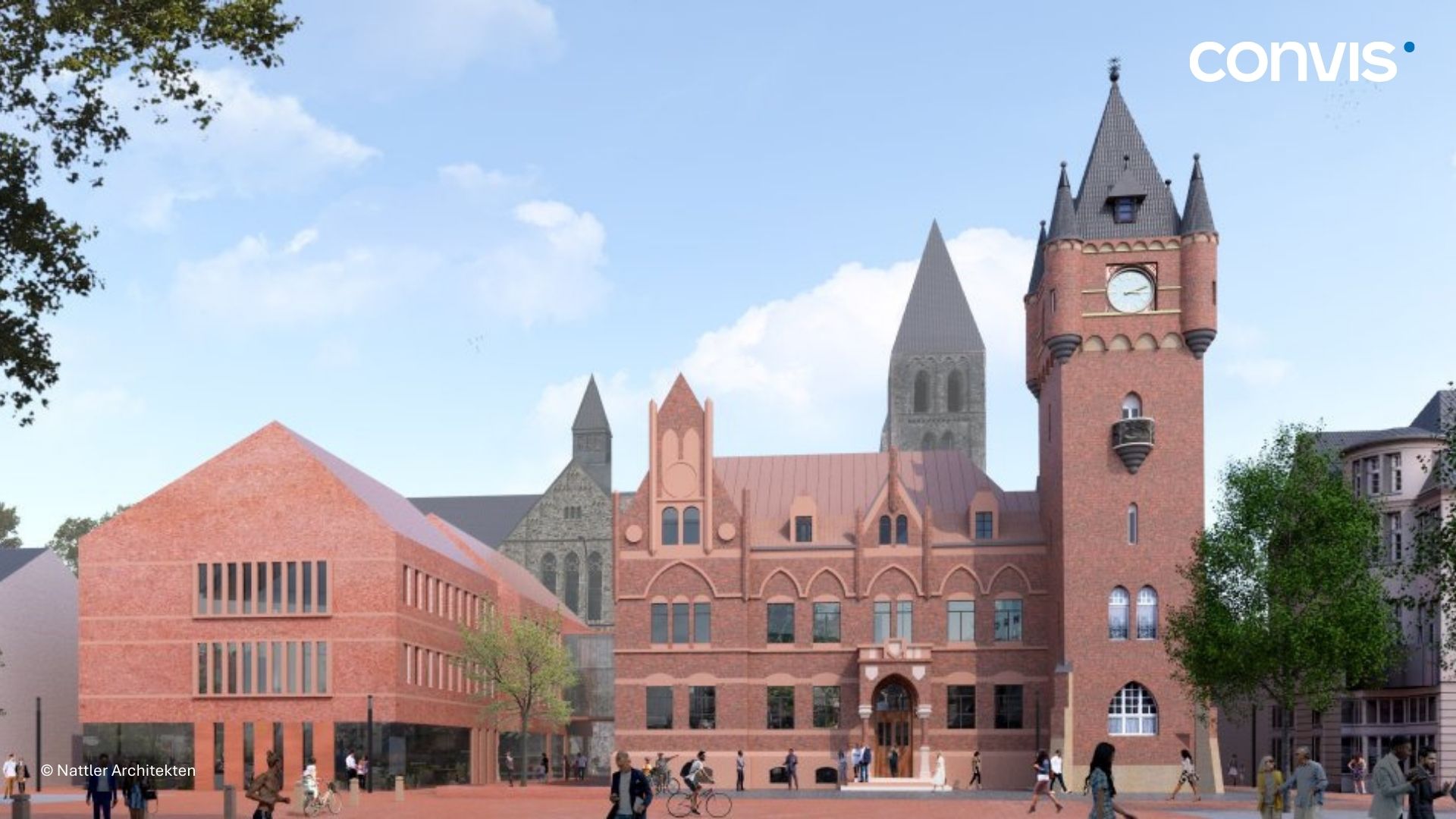 Moderne Architektur trifft historische Elemente in einem städtischen Gebäudeensemble.