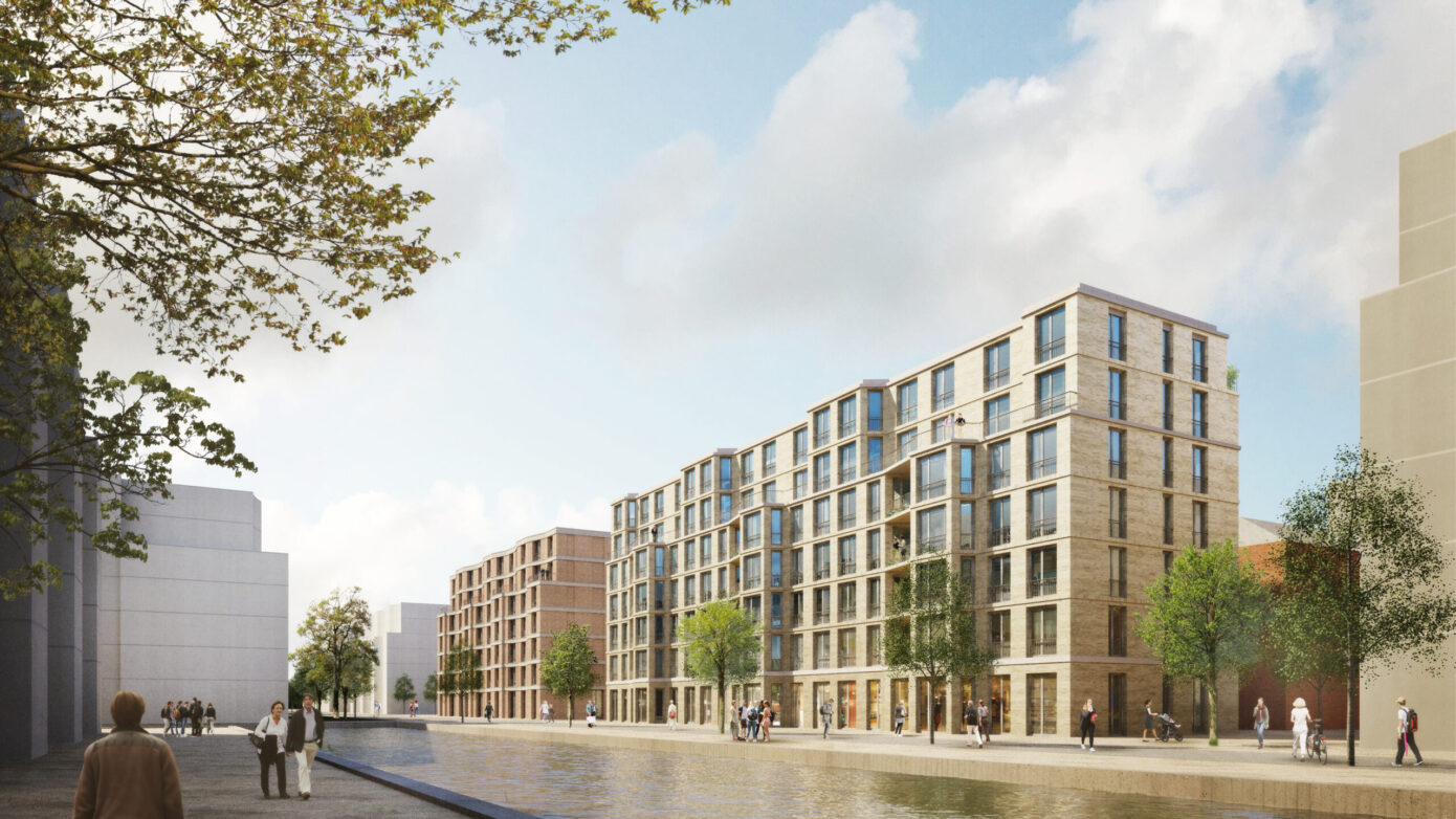 Visualisierung das Neue Gartenfeld (moderne Wohnanlage am Wasser mit Bäumen und Fußgängern in urbaner Umgebung).