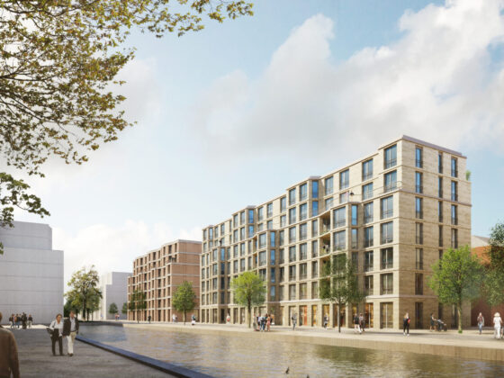 Visualisierung das Neue Gartenfeld (moderne Wohnanlage am Wasser mit Bäumen und Fußgängern in urbaner Umgebung).