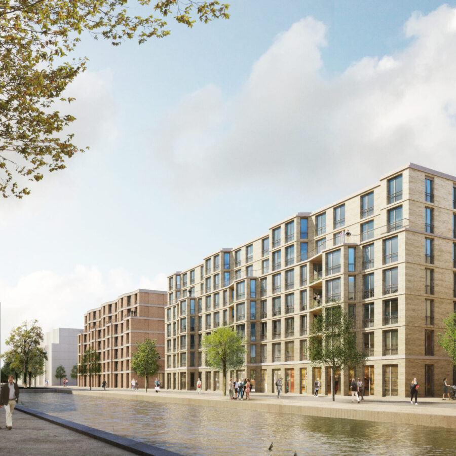 Visualisierung das Neue Gartenfeld (moderne Wohnanlage am Wasser mit Bäumen und Fußgängern in urbaner Umgebung).