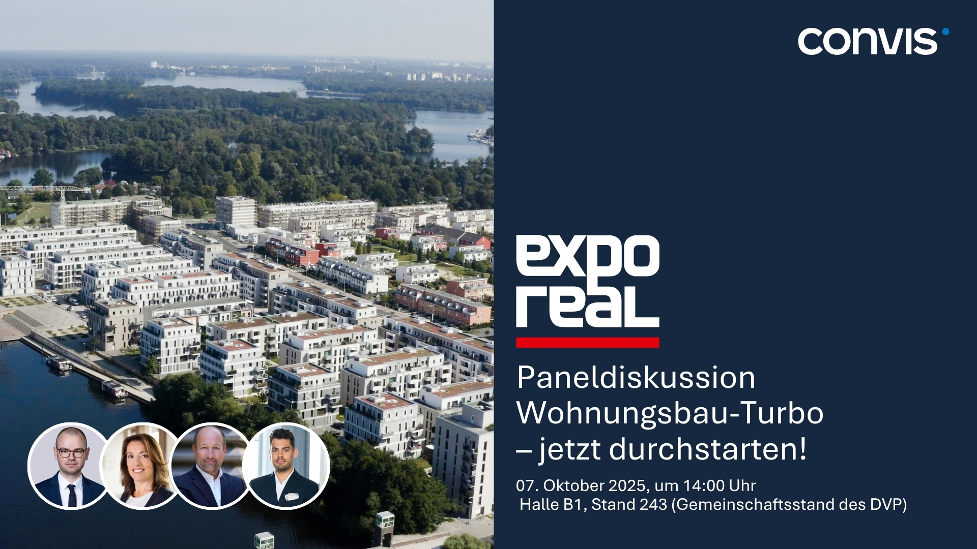 Paneldiskussion zum Wohnungbau auf der Expo Real 2025 in München, Convis-Stand.
