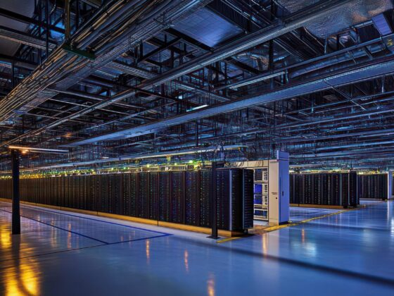 Moderne Serverraum-Architektur mit hohen Regalen und komplexer Verkabelung in blauem Licht.