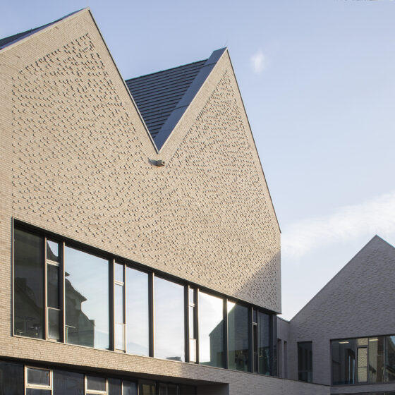 Moderne Architektur mit einzigartiger Fassade und großen Fenstern in hellem Licht.