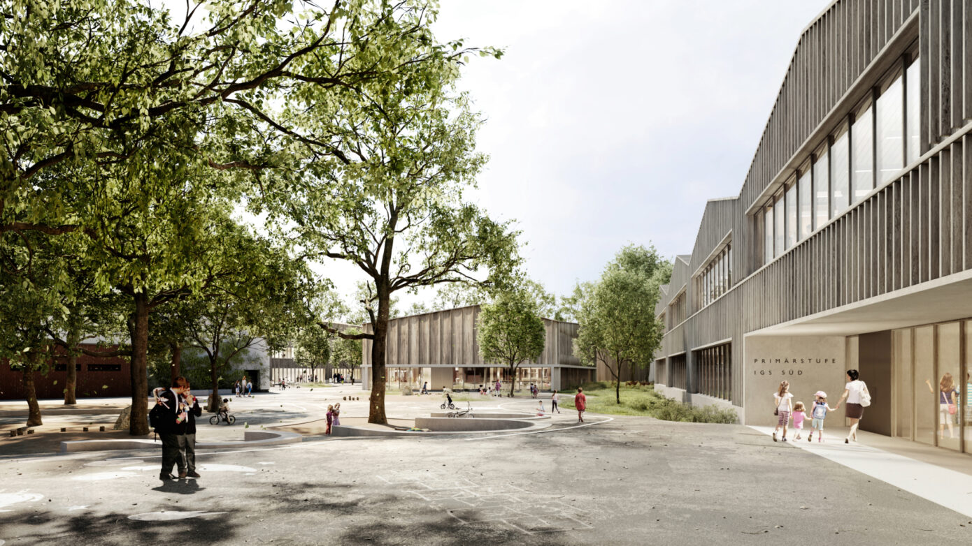 Visualisierung der IGS Langenhagen Süd mit moderneer Schularchitektur mit großzügigem Außenbereich und spielenden Kindern unter Bäumen.