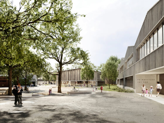 Visualisierung der IGS Langenhagen Süd mit moderneer Schularchitektur mit großzügigem Außenbereich und spielenden Kindern unter Bäumen.