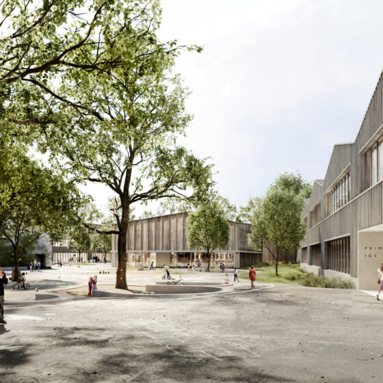 Visualisierung der IGS Langenhagen Süd mit moderneer Schularchitektur mit großzügigem Außenbereich und spielenden Kindern unter Bäumen.