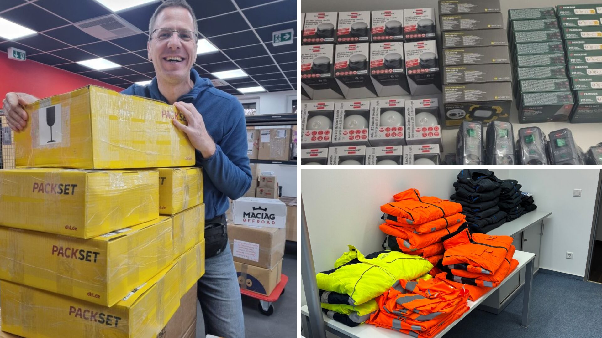 Mann mit Paketen, Werkzeugen und Sicherheitskleidung in einem Lagerraum.