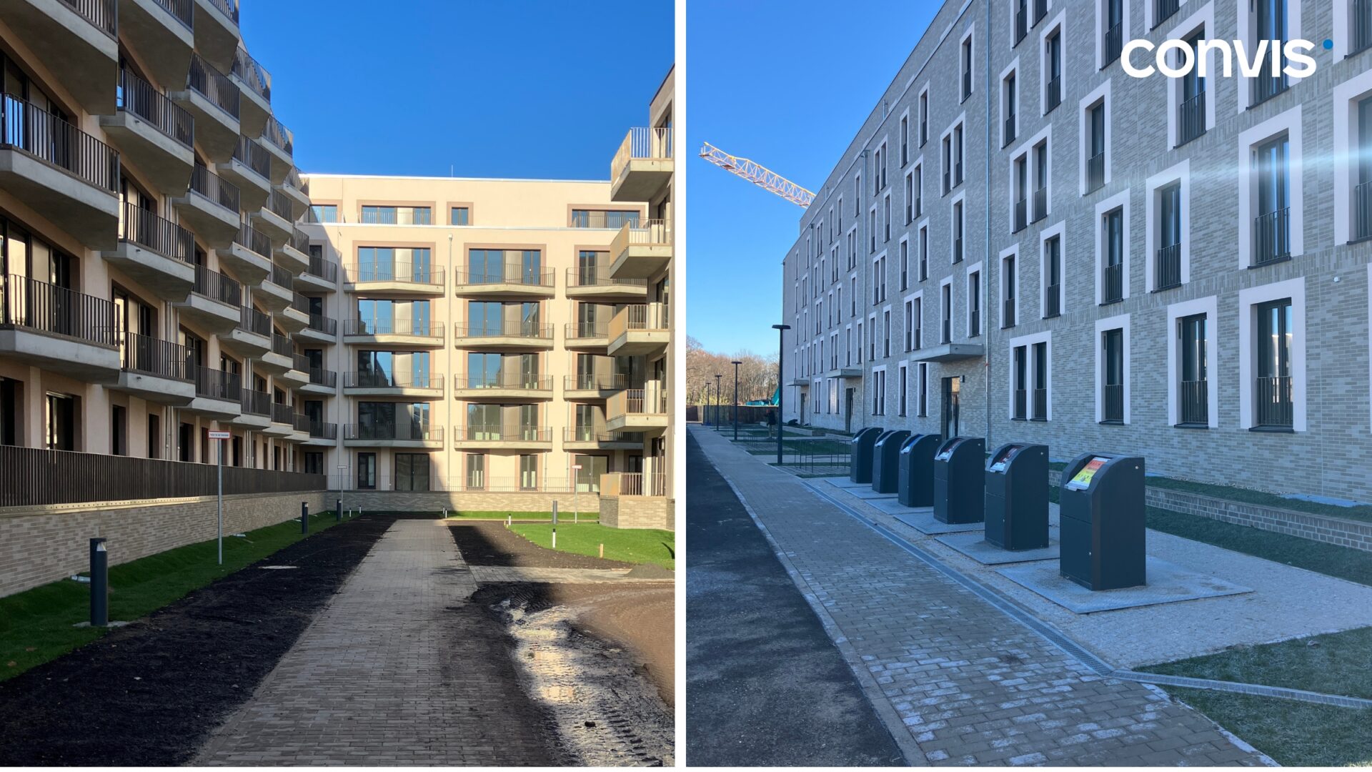 Moderne Wohnanlage mit Balkonen und Mülltrennungssystem im Freien.